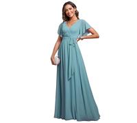 Ever-Pretty Maxi Scollo a V Increspato Busto Chiffon Abito da Sera Formale con Maniche Blu Polveroso 44