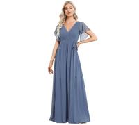 Ever-Pretty Maxi Scollo a V Increspato Busto Chiffon Abito da Sera Formale con Maniche Denim Blu 50