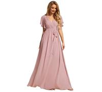 Ever-Pretty Maxi Scollo a V Increspato Busto Chiffon Abito da Sera Formale con Maniche Dusty Rose 46