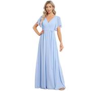 Ever-Pretty Maxi Scollo a V Increspato Busto Chiffon Abito da Sera Formale con Maniche Ghiaccio Blu 38
