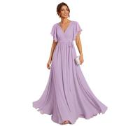 Ever-Pretty Maxi Scollo a V Increspato Busto Chiffon Abito da Sera Formale con Maniche Lilla Satinato 52
