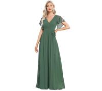 Ever-Pretty Maxi Scollo a V Increspato Busto Chiffon Abito da Sera Formale con Maniche Verde eucalipto 40