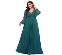 Ever-Pretty Plus Abito da sera formale da donna, maxi scollo a V, maniche lunghe, con applicazioni floreali, taglie forti, 00461, Verde acqua, 60