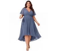 Ever-Pretty Una Linea V Collo Chiffon Maniche Corte Al Ginocchio Plus Size Abiti da sposa per le donne Curvy 01923-DA, Blu marino polveroso., 54