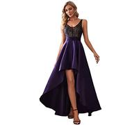 Ever-Pretty Vestiti da Ballo Scollo a V Maniche Corte Linea ad A Corto Davanti Lungo Dietro da Donna Viola Scuro 48