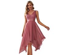 Ever-Pretty Vestiti da Cerimonia Donna Linea ad A con Scollo a V in Chiffon Pizzo al Ginocchio Asimmetrico Cammeo Marrone 54