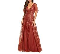 Ever-Pretty Vestiti da Cerimonia Linea ad A Scollo a V per Cerimonia Sera Damigella Lungo con Paillettes Donna Arancione 42