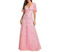 Ever-Pretty Vestiti da Cerimonia Linea ad A Scollo a V per Cerimonia Sera Damigella Lungo con Paillettes Donna Rosa 58