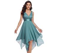 Ever-Pretty Vestiti da Cerimonia Senza Maniche con Scollo a V Stile Impero Linea ad A in Pizzo Chiffon al Ginocchio con Orlo Asimmetrico da Donna Blu Polveroso 42