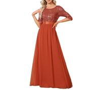 Ever-Pretty Vestiti da Sera e Cerimonia Donna Linea ad A Elegante Manica 3/4 con Paillettes Abiti da Damigella Chiffon Stile Impero Arancione 46
