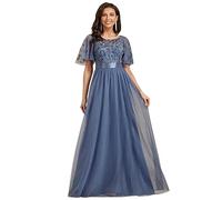 Ever-Pretty Vestiti da Sera Stile Impero Maniche Corte Linea ad A Elegante Scollo a Rotondo Donna Tulle Denim Blu 40