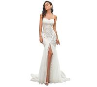 Ever-Pretty Vestiti da Sposa Tracolla Regolabile Scollo a V in Tulle Bodycon Sirena Lunghezza del Piano da Donna con Cappella Treno Bianco 40EU