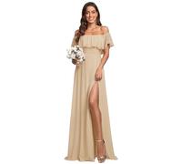 Ever-Pretty Vestito da Cerimonia Donna dalla Spalla Linea ad A Chiffon con Spacco con Volantes Stile Impero Lungo Champagne 50