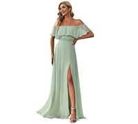 Ever-Pretty Vestito da Cerimonia Donna dalla Spalla Linea ad A Chiffon con Spacco con Volantes Stile Impero Lungo Menta Verde 50