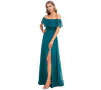 Ever-Pretty Vestito da Cerimonia Donna dalla Spalla Linea ad A Chiffon con Spacco con Volantes Stile Impero Lungo Teal 50
