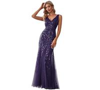Ever-Pretty Vestito da Cerimonia Donna Sirena Paillettes Tulle Petto Basso Scollo a V Senza Maniche Stile Impero Viola Scuro 40