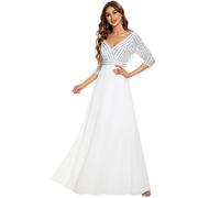 Ever-Pretty Vestito da Cerimonia Elegante Manica Lunga Scollo a V con Paillettes Linea ad A Chiffon Donna Bianco 48