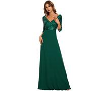 Ever-Pretty Vestito da Cerimonia Elegante Manica Lunga Scollo a V con Paillettes Linea ad A Chiffon Donna Abito da Sera Verde Scuro 56