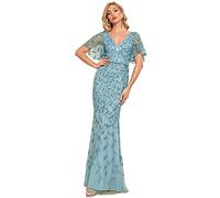 Ever-Pretty Vestito da Cerimonia Lungo Paillettes Stile Impero Scollo a V Maniche Corte Abito Elegante Donna Blu Polveroso 50
