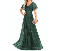 Ever-Pretty Vestito da Cerimonia Maniche Corte con Volantes Scollo a V Stile Impero Linea ad A Lunghezza del Piano da Donna Verde Scuro 50