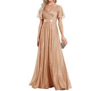 Ever-Pretty Vestito da Cerimonia Maniche Corte con Volantes Scollo a V Stile Impero Linea ad A Lunghezza del Piano da Donna Rose Gold 44