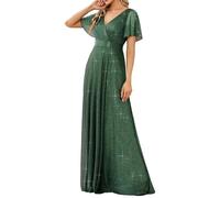 Ever-Pretty Vestito da Cerimonia Maniche Corte con Volantes Scollo a V Stile Impero Linea ad A Lunghezza del Piano da Donna Verde eucalipto 50