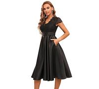 Ever-Pretty Vestito da Cerimonia Pizzo Maniche Corte Scollo a V Stile Impero Linea ad A Elegante Midi da Donna Nero 36EU