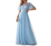 Ever-Pretty Vestito da Cerimonia Stile Impero Maniche Corte Linea ad A Elegante Scollo a Rotondo Donna Tulle Cielo Blu 56