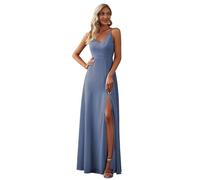 Ever-Pretty Vestito da Damigella Donna Elegante Tracolla Regolabile Senza Schienale con Spacco Chiffon Abito da Damigella Denim Blu 44