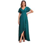 Ever-Pretty Vestito da Damigella Lungo con Volantes con Spacco Scollo a V Maniche Corte Abito da Cerimonia Elegante Teal 52