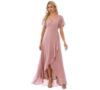 Ever-Pretty Vestito da Damigella Lungo con Volantes con Spacco Scollo a V Maniche Corte Abito da Cerimonia Elegante Dusty Rose 50