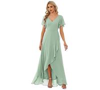 Ever-Pretty Vestito da Damigella Lungo con Volantes con Spacco Scollo a V Maniche Corte Elegante Abito da Damigella Menta Verde 58