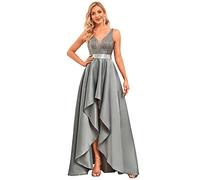 Ever-Pretty Vestito da Damigella Scollo a V Maniche Corte Linea ad A Corto Davanti Lungo Dietro da Donna Grigio 44