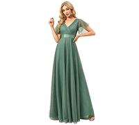 Ever-Pretty Vestito da Festa Donna Linea ad a Tulle Abito da Sera Scollo V Lungo Cerimonia Fagiolo Verde 42