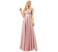 Ever-Pretty Vestito da Festa Donna Linea ad a Tulle Abito da Sera Scollo V Lungo Cerimonia Rosa 40EU