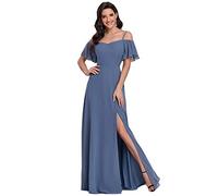 Ever-Pretty Vestito da Festa d'Onore Lunghi in Chiffon con dalla Spalla in Stile Impero a Maniche Corte da Donna con Spacco Laterale Denim Blu 50EU