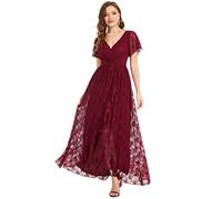 Ever-Pretty Vestito da Sera Donna Lungo Pizzo Scollo a V Maniche Corte Semplice Abiti da Sera Borgogna 58