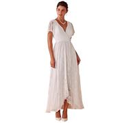 Ever-Pretty Vestito da Sera Donna Lungo Pizzo Scollo a V Maniche Corte Semplice Abiti da Sera Borgogna 46