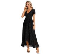 Ever-Pretty Vestito da Sera Donna Lungo Pizzo Scollo a V Maniche Corte Semplice Abiti da Sera Nero 46