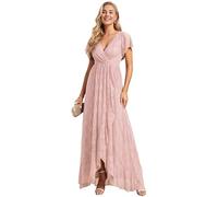 Ever-Pretty Vestito da Sera Donna Lungo Pizzo Scollo a V Maniche Corte Semplice Abiti da Sera Rosa 46
