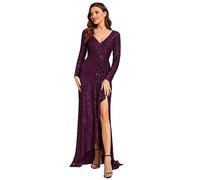 Ever-Pretty Vestito da Sera Elegante con Spacco Paillettes Lungo Scollo a V Manica Lunga Abito da Cerimonia EE50146 Viola Scuro 48