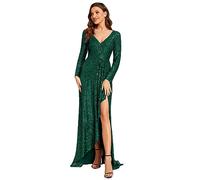 Ever-Pretty Vestito da Sera Elegante con Spacco Paillettes Lungo Scollo a V Manica Lunga Abito da Cerimonia EE50146 Verde Scuro 42