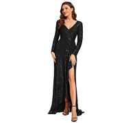 Ever-Pretty Vestito da Sera Elegante con Spacco Paillettes Lungo Scollo a V Manica Lunga Abito da Cerimonia EE50146 Nero 50