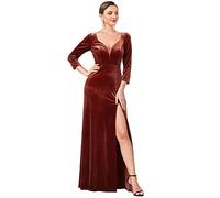 Ever-Pretty Vestito da Sera Lungo Velluto Sirenetta con Spacco Manica Lunga Scollo a V Donna Abiti da Sera Rosso Mattone 58
