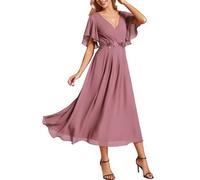 Ever-Pretty Vestito Donna Elegante Abito Cerimonia Donna con Applique e Collo V Midi Maniche a Volant Chiffon Stile Impero Orchidea 54