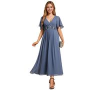 Ever-Pretty Vestito Donna Elegante Abito Cerimonia Donna con Applique e Collo V Midi Maniche a Volant Chiffon Stile Impero Denim Blu 50