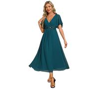 Ever-Pretty Vestito Donna Elegante Abito Cerimonia Donna con Applique e Collo V Midi Maniche a Volant Chiffon Stile Impero Teal 50
