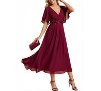 Ever-Pretty Vestito Donna Elegante Abito Cerimonia Donna con Applique e Collo V Midi Maniche a Volant Chiffon Stile Impero Borgogna 50