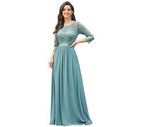 Ever-Pretty Vestito Donna Elegante Cerimonia 3/4 Manich Stile Impero Maxi Linea ad A Pizzo Chiffon Abiti da Damigella Blu Polveroso 50