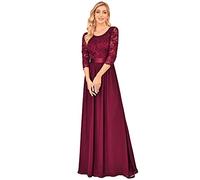 Ever-Pretty Vestito Donna Elegante Cerimonia 3/4 Manich Stile Impero Maxi Linea ad A Pizzo Chiffon Abiti da Damigella Borgogna 50